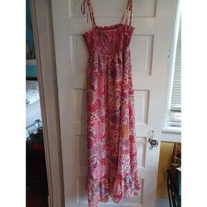 Liberty of London Target smocked paisley maxi dress S pink orange boho preppy